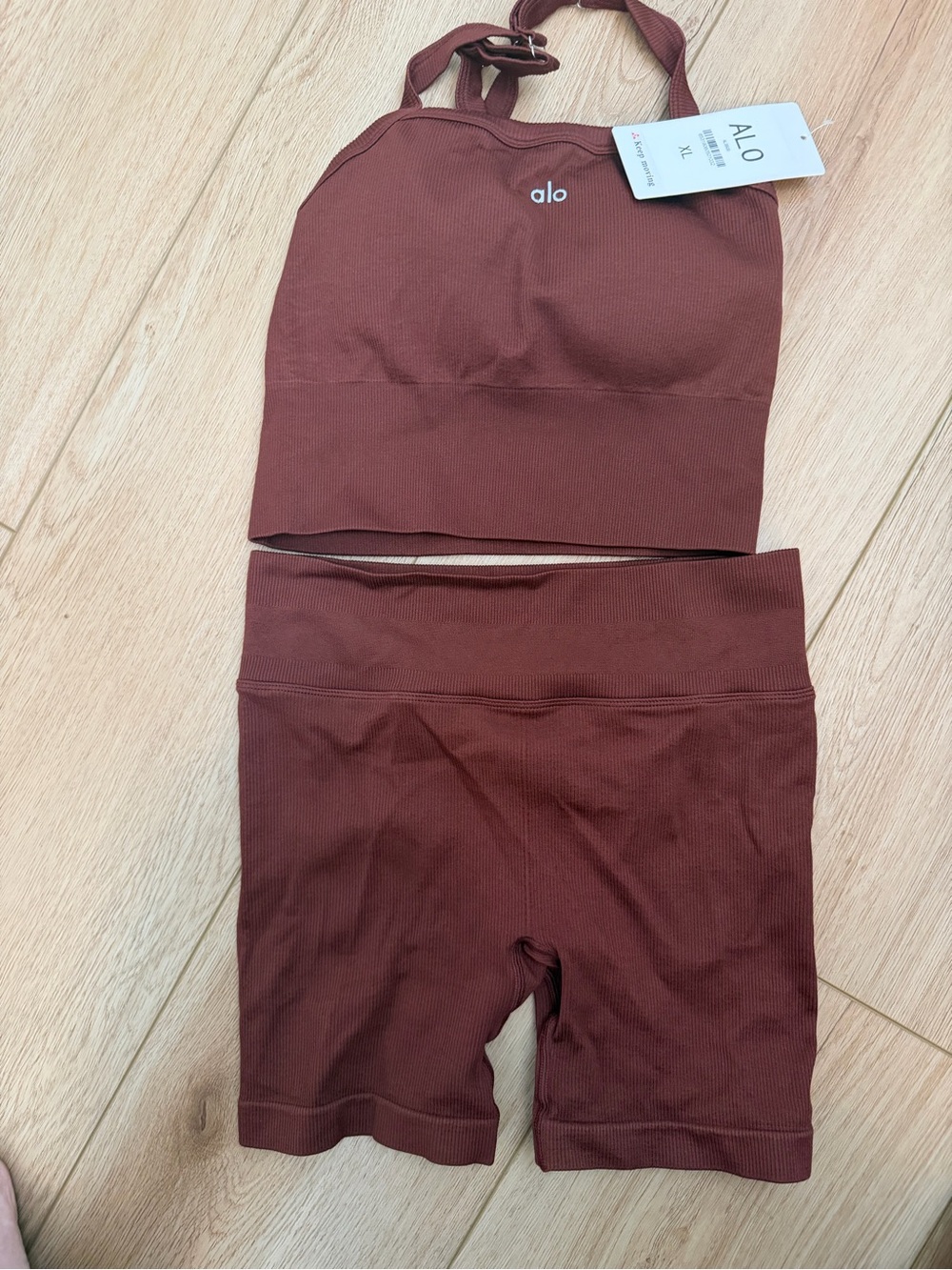 Yoga Ribbed Bike Shorts & Crop Top Set in Deep Brown